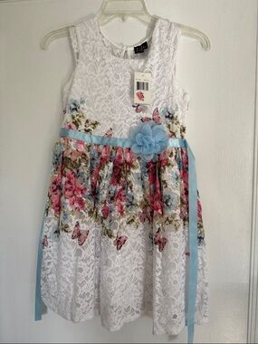 lilt White Lace Dress with Pink & Blue Floral Skirt and Blue Sash